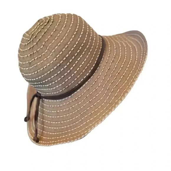 Scala Women's Tan & White Poly Striped Adjustable Sunhat - Picture 1 of 7